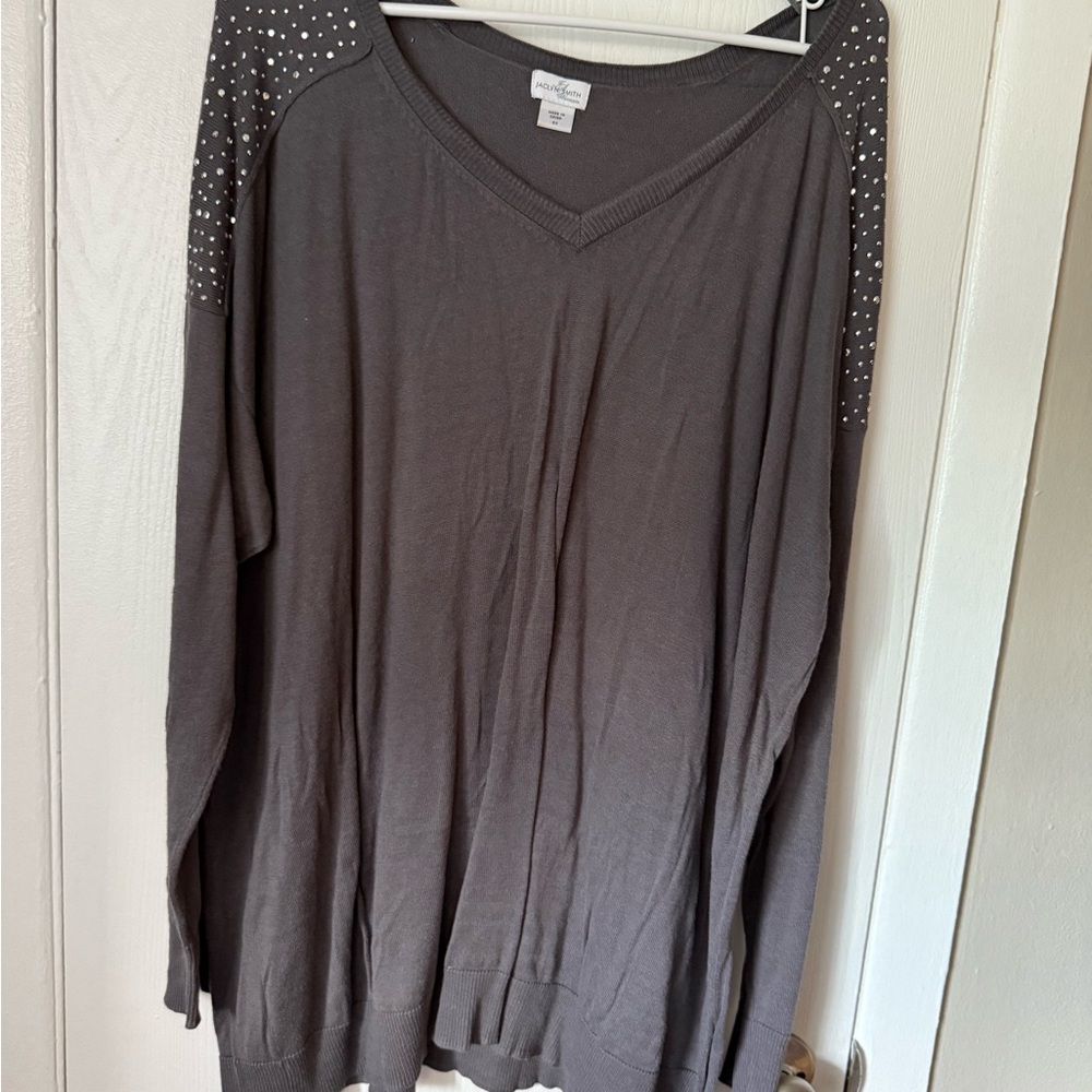 Jaclyn Smith Gray V-Neck Sweater with Studded Shoulders